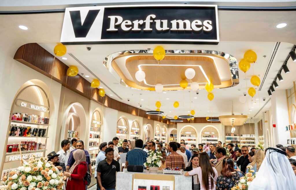 An image of the storefront of the newly renovated V Perfumes store in Al barsha mall