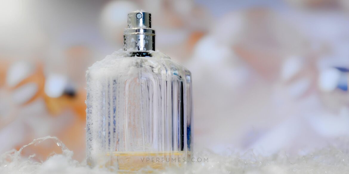 An image of a perfume in a chilly ice background