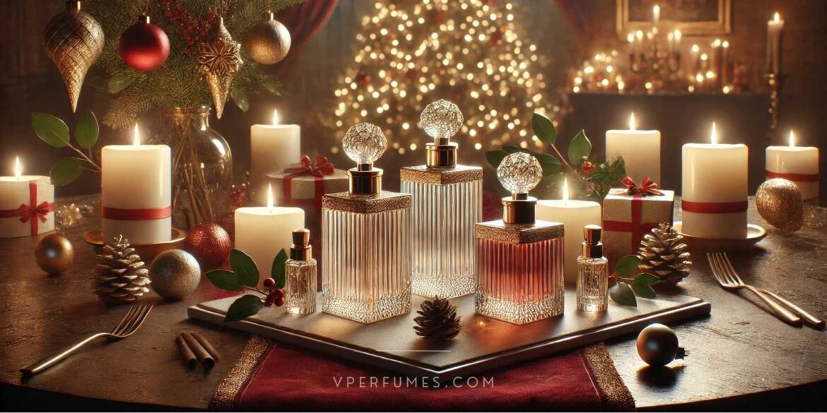 A creative illustration of a set of festive perfumes that are best for christmas