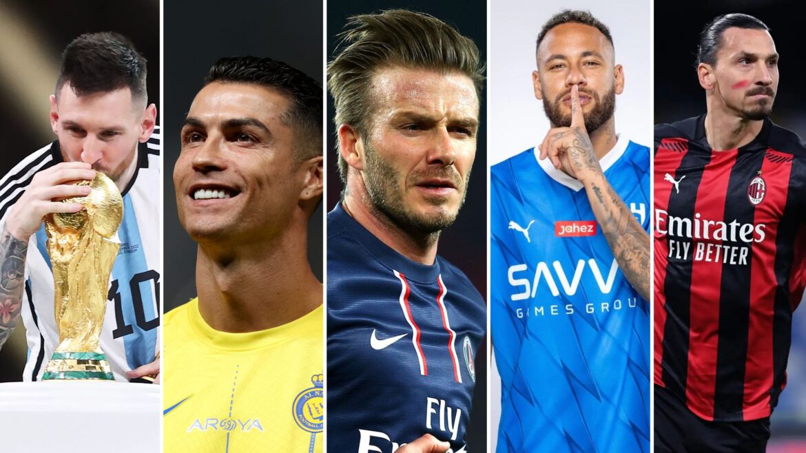 A vibrant collage of five iconic football stars: Lionel Messi celebrates with the FIFA World Cup trophy in his Argentine jersey, Cristiano Ronaldo in his yellow Al Nassr jersey exuding confidence, David Beckham in his PSG jersey, Neymar Jr in the blue Al Hilal jersey showcasing flair, and Zlatan Ibrahimović in his AC Milan jersey radiating charisma.