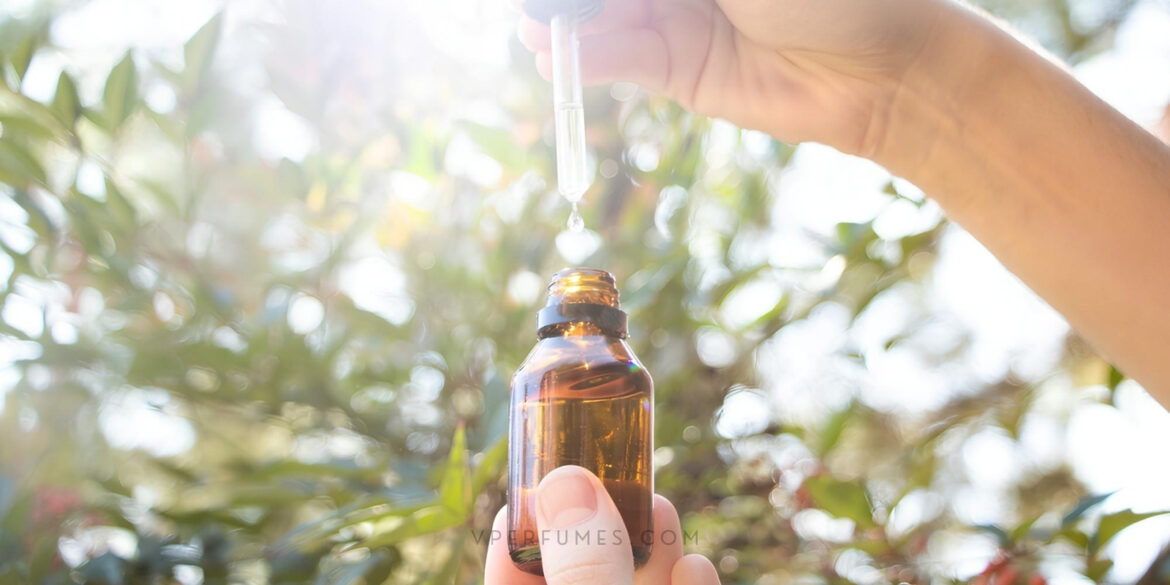 An image of a perfume oil placed against sun with a dropper