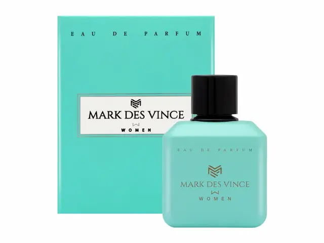 A bottle of Mark Des Vince Eau de Parfum for women, 100ml, shown with its packaging box.