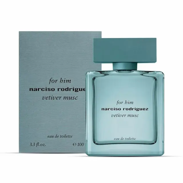 Narciso Rodriguez Vetiver Musc EDT, a 100ml men's fragrance, shown with its packaging box.