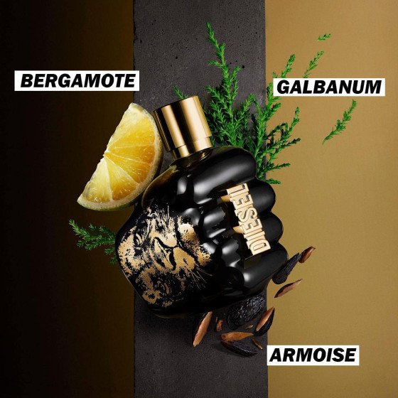 5 Football Stars Who Won the Fragrance Game 30 In this image Diesel's 'Spirit of the Brave' Eau de Toilette bottle, co-created with Neymar Jr., displayed against a blue background. Surrounding the bottle are visual representations of its fragrance notes: zesty bergamot, green galbanum, aromatic artemisia, herbal clary sage, resinous elemi, woody cypress, balsamic fir balsam, sweet tonka bean, and rich labdanum, capturing the modern and sensual essence of the scent.