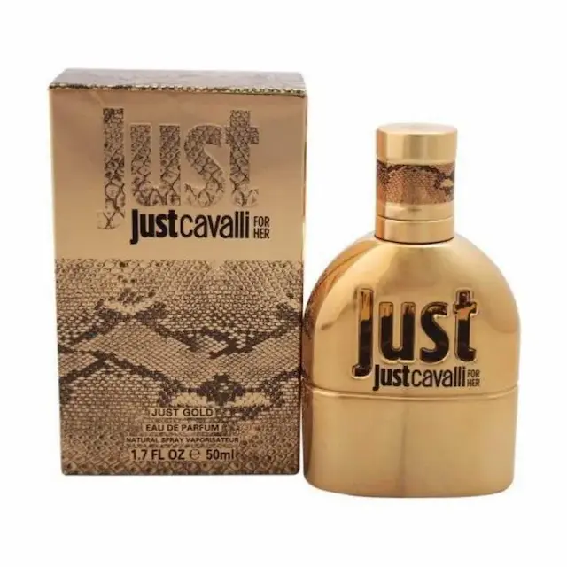Image of a 50ml bottle of Roberto Cavalli Just Gold Eau de Parfum for women with its box.