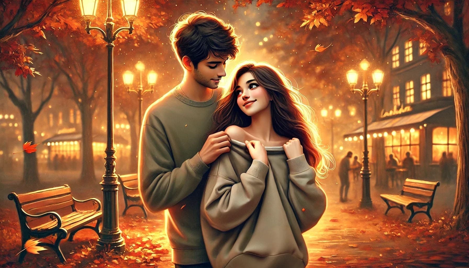 Romantic couple sharing a moment: Boyfriend gives girlfriend his sweatshirt.