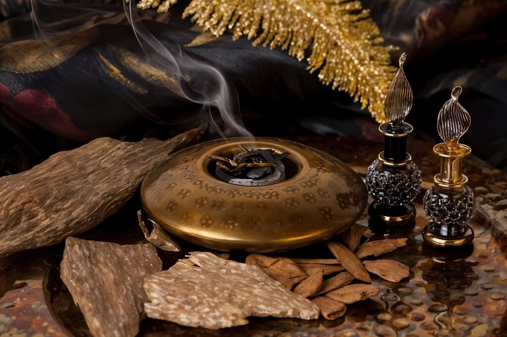 An image of bakhoor burning inside a bakhoor burner with incense and similar products nearby