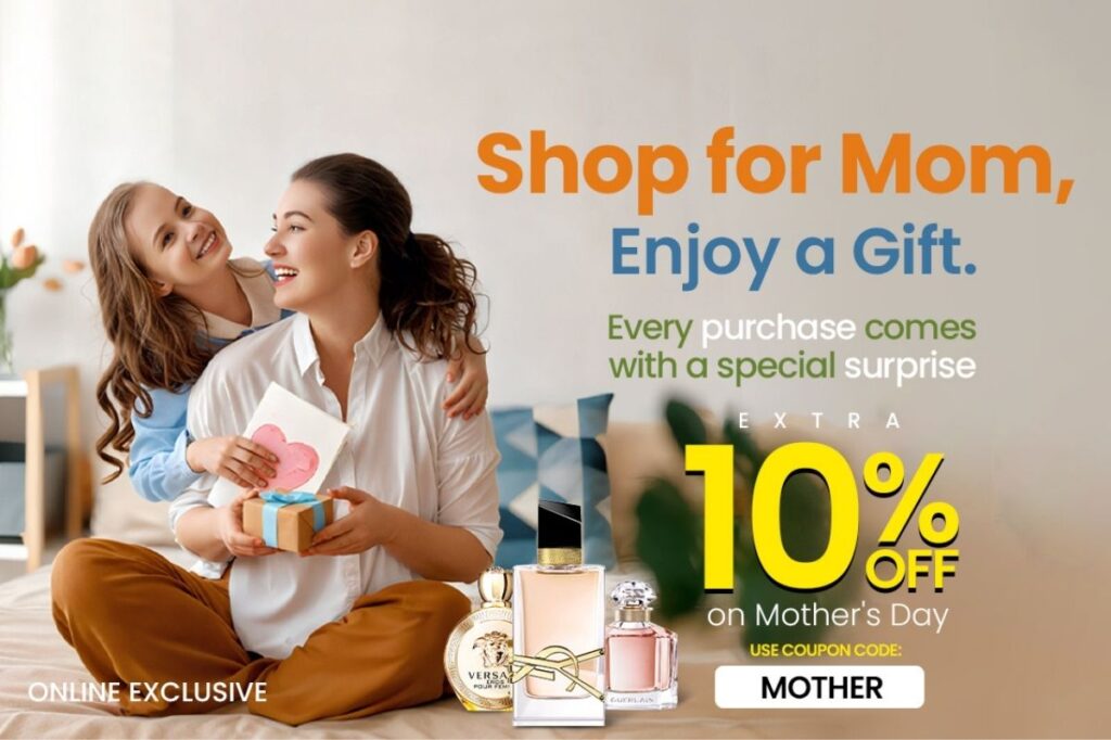 An image of mothers day sale banner with 10% extra off coupon 