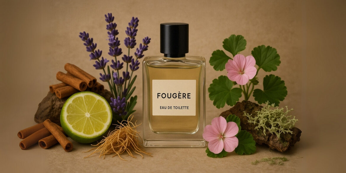 best-fougere-perfumes A creative illustration of a fougere fragrance with its related ingredients in background