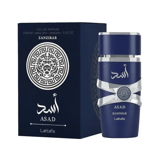 An image of Lattafa asad zanzibar perfume with its box