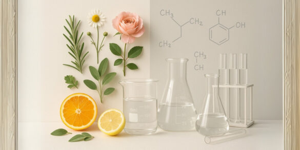 Une image de différents ingrédients de parfum qui sont naturels et synthétiques.