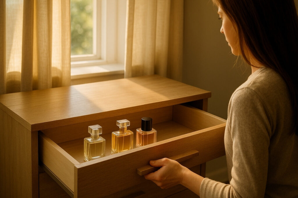 Does Perfume Expire & Does The UAE Heat Affect That? 19 A creative illustration of a woman storing perfumes inside a drawer