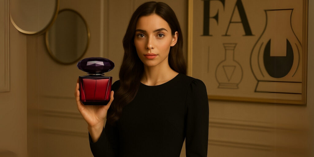 An image of a woman with Versace crystal noir perfume which is rgarded as the sexiest perfume for women