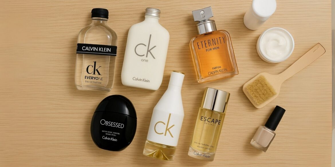 A creative illustration of different Calvin Klein perfumes on a table top