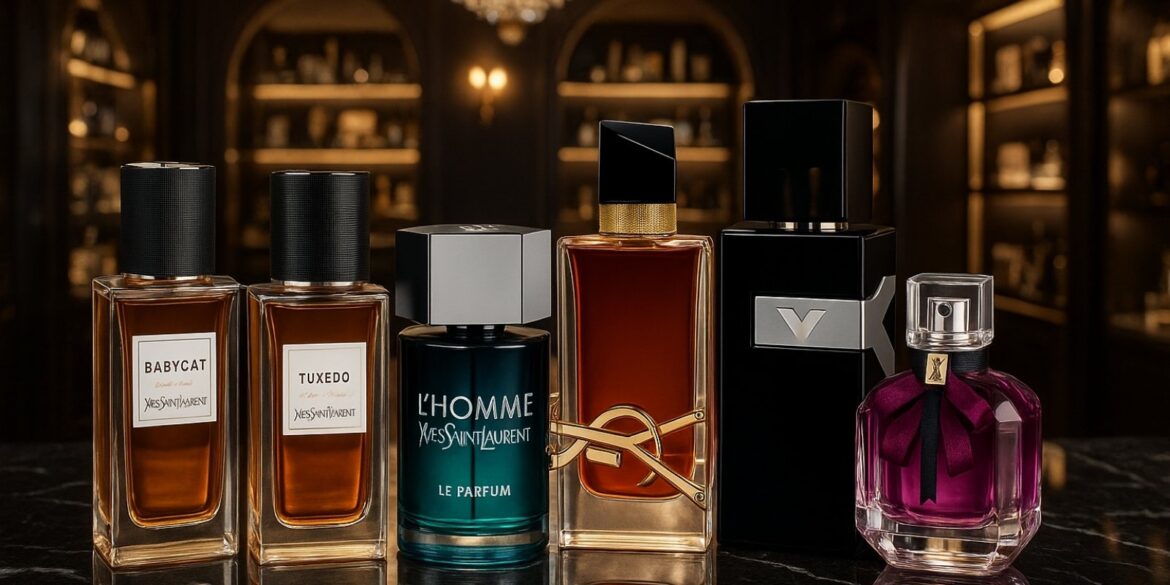 creative illustration of some of the best YSL perfumes placed over a luxury ambience