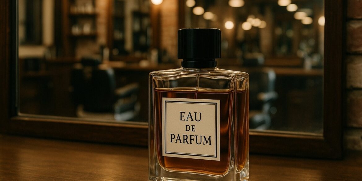 A creative illustration of a perfume placed in a babershop