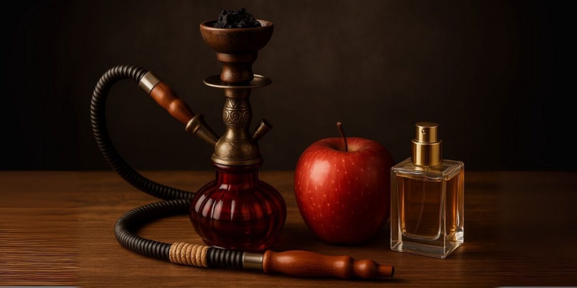 A creative illustration of Shisha with apple flavor and a perfume nearby