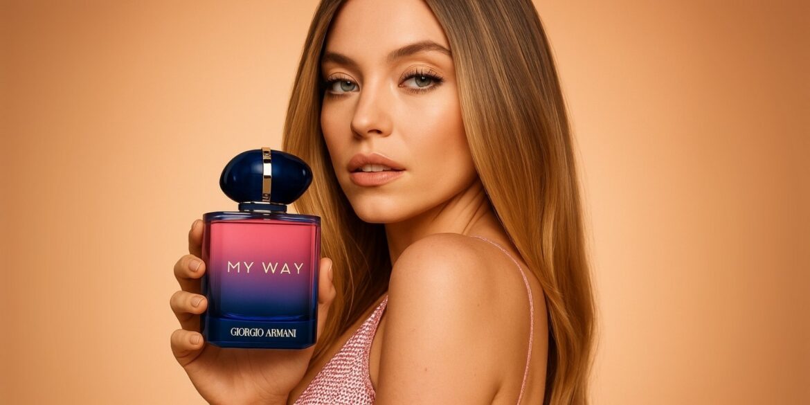 armani-my-way-parfum-and-sydney-sweeny An image of Sydney sweeny with the armani my way parfum