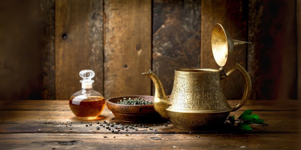 best-tea-perfumes An image of a tea pot and a perfume nearby