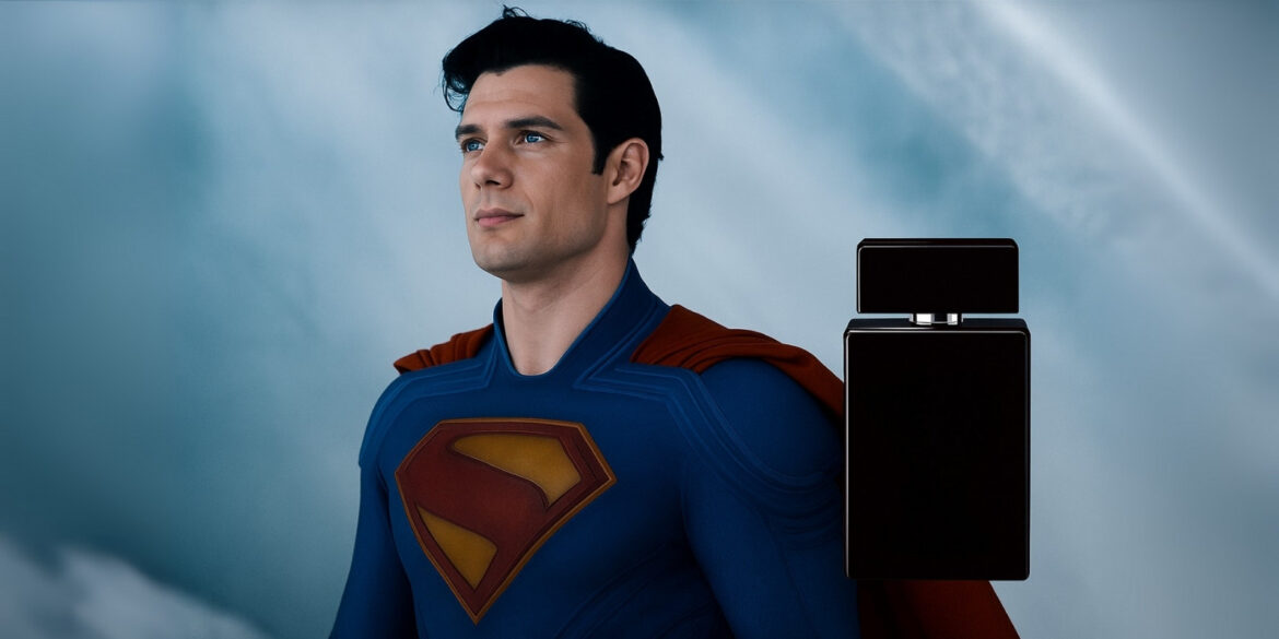 perfumes-superman-would-wear An image of superman with a perfume nearby