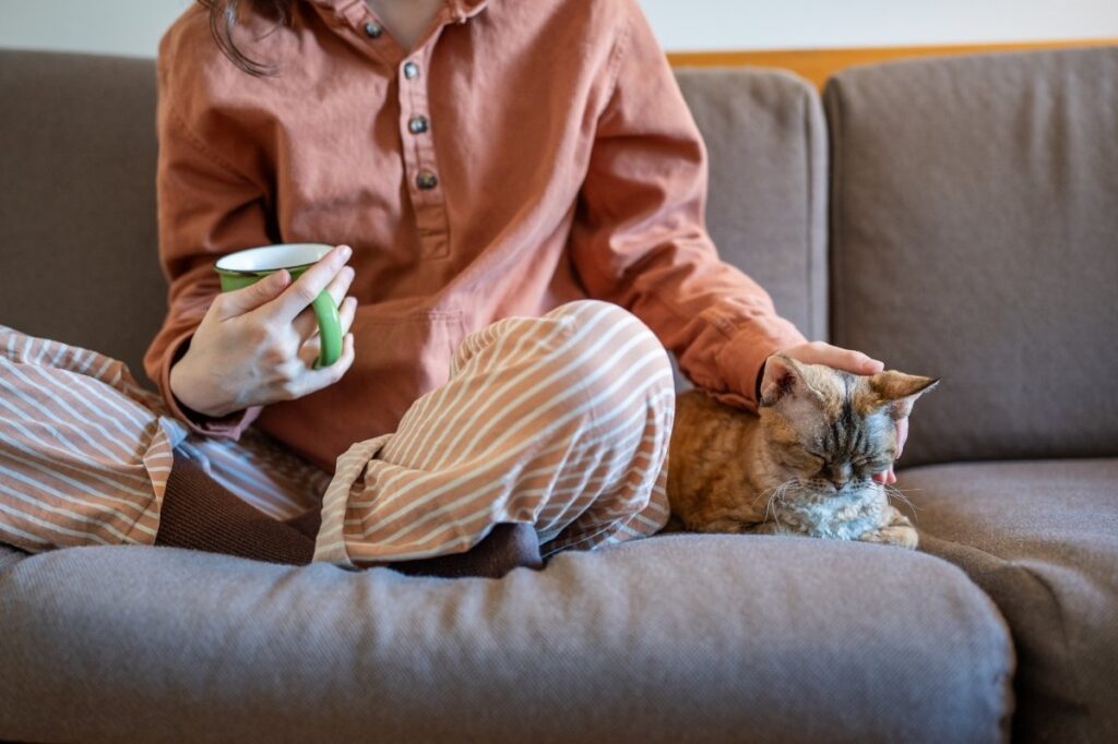 An image of a woman with a cat nearby
