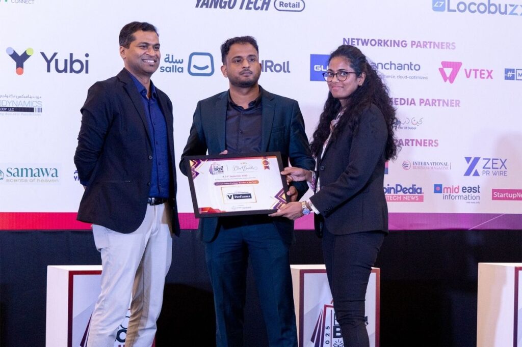 An image of V Perfumes receiving the best online perfume retailer awards during the big box awards
