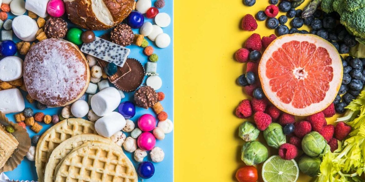 healthy-and-unhealthy-food-concept-fruit-and-vegetables An image of different foods and vegetables