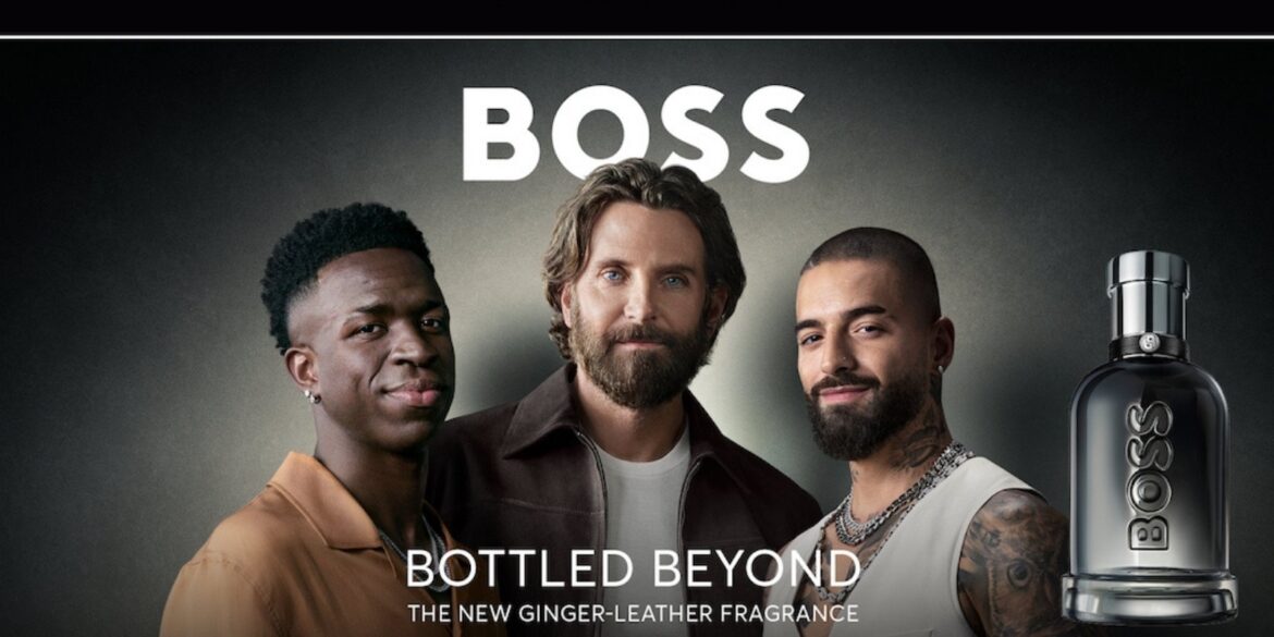 An image of Vini Jr. , Bradley Cooper and Maluma for the Hugo boss bottled beyond Ad