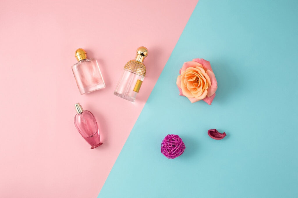 An image of different cosmetics with colorful background
