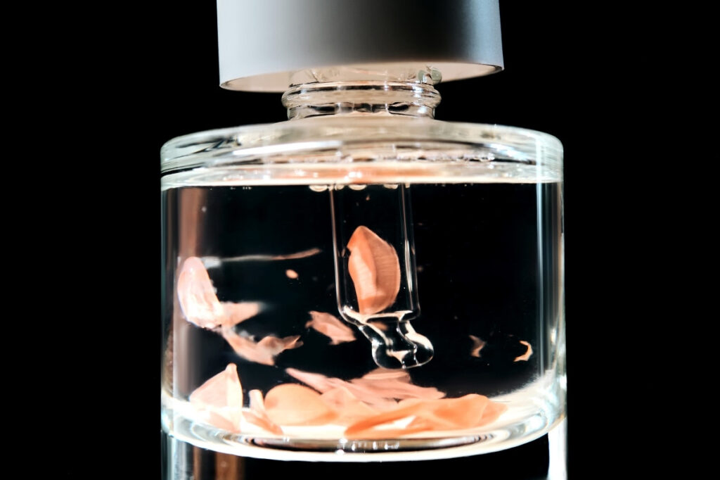 An image of a bottle with petals inside