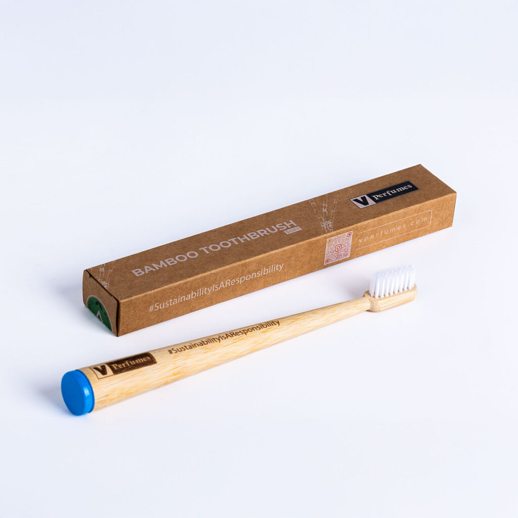 An image of bamboo toothbrush a part of the sustainability campaign in V Perfumes