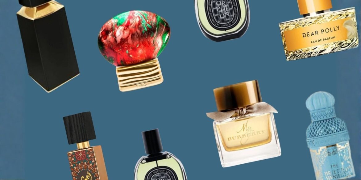 A creative illustration of different perfumes with gorgeous packaging