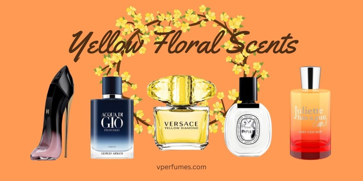A creative illustration of different yellow floral perfumes