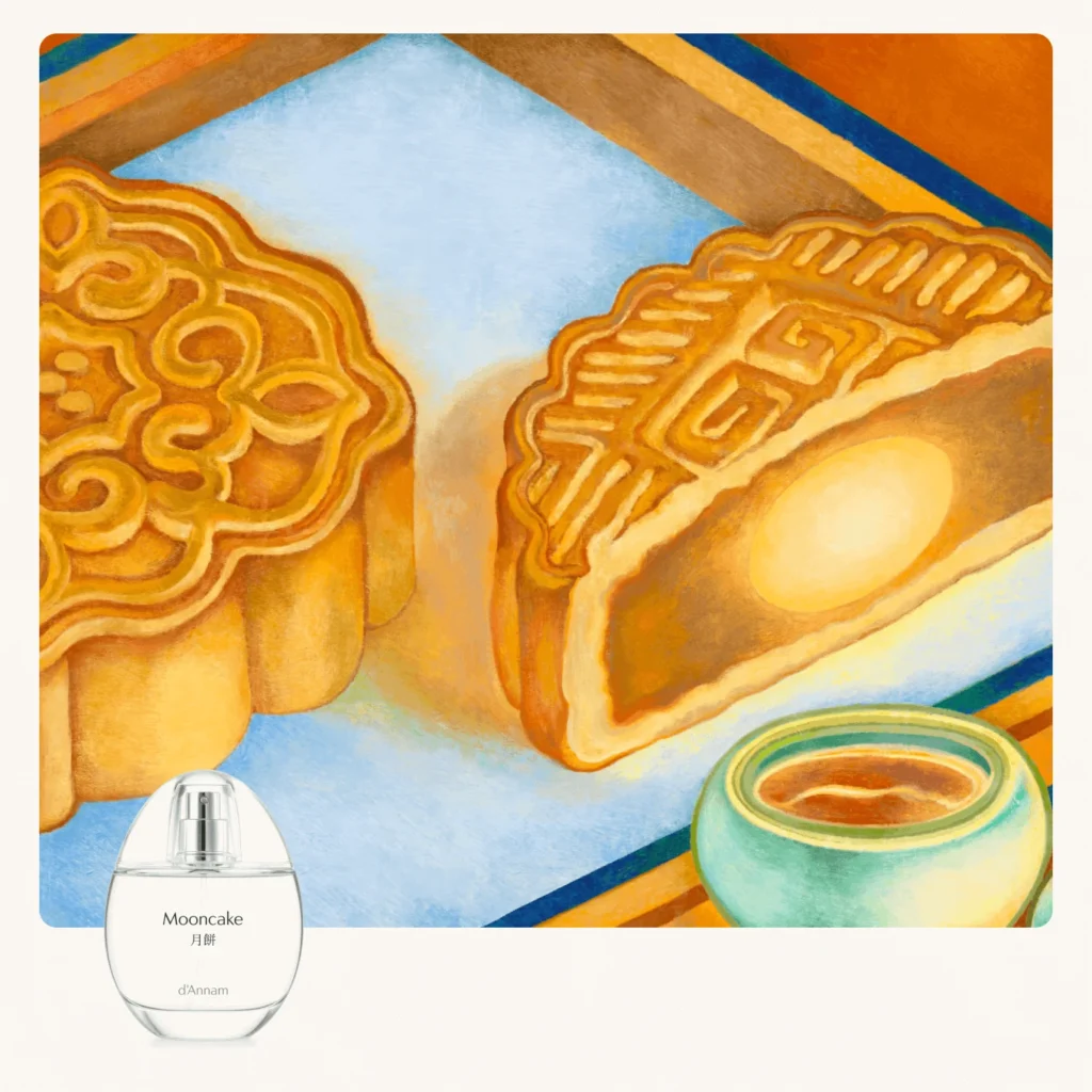 A creative illustration of a mooncake with the perfume D'Annam Mooncake