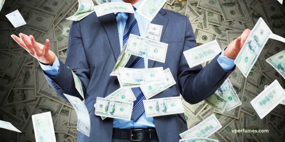 A creative illustration of a person with money around him